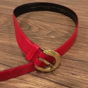 Vintage Red Liz Claiborne Belt, Gold Buckle, 36"